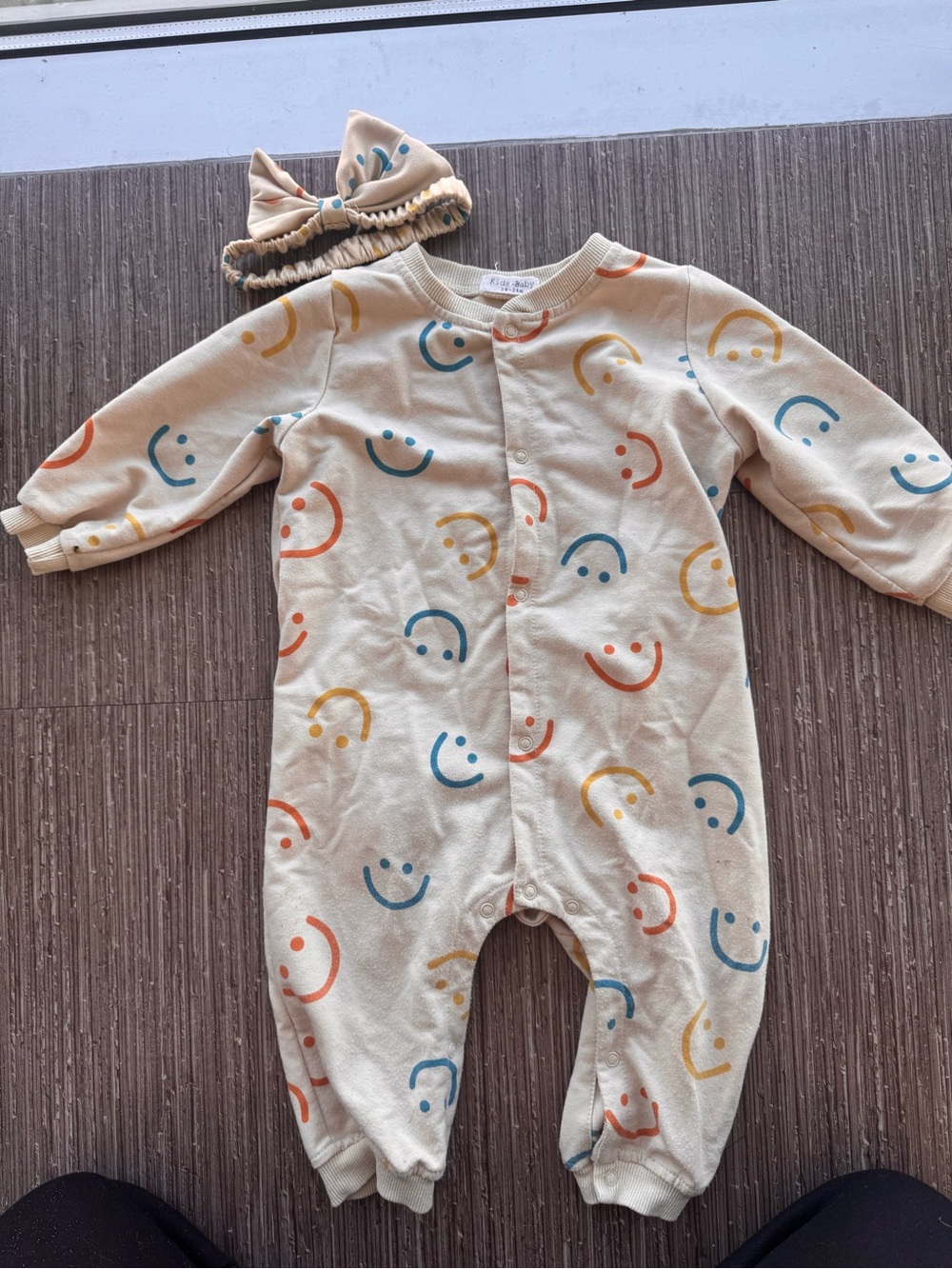 SHEIN Cream One-Piece with Blue, Orange & Yellow Smiley Prints and Headband